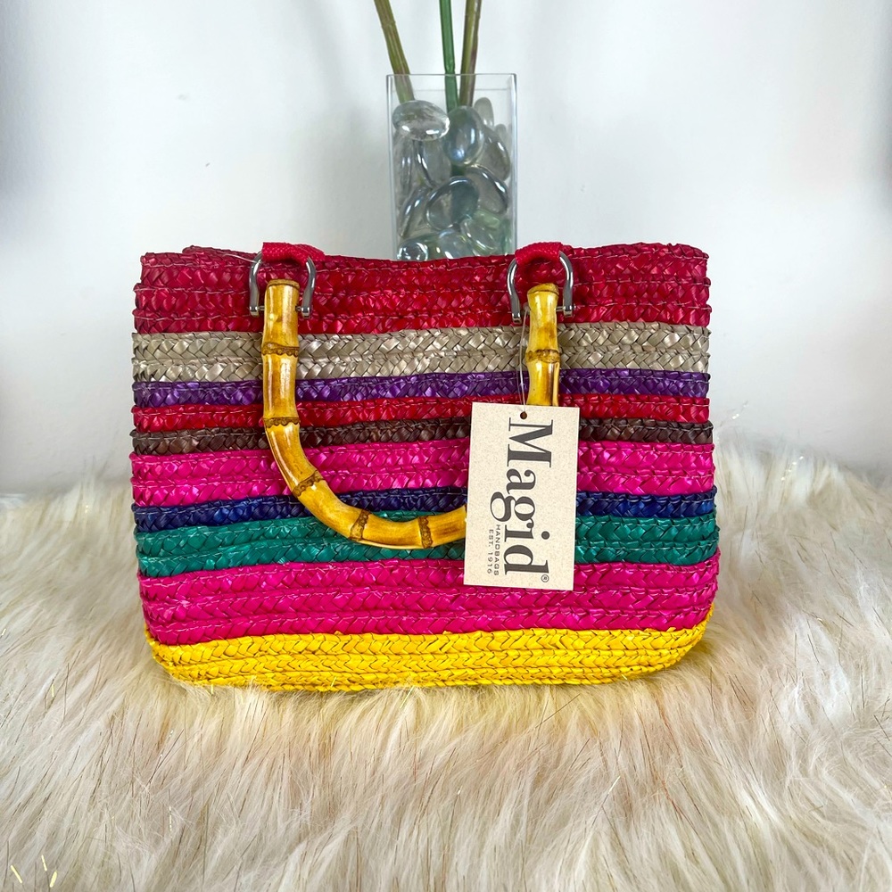 Multi Color Small Straw Handbag with Wood Handles